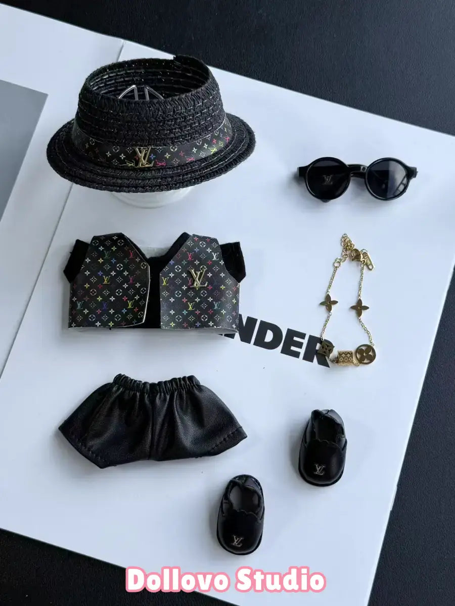 LV All-Black Leather Outfit with Straw Hat