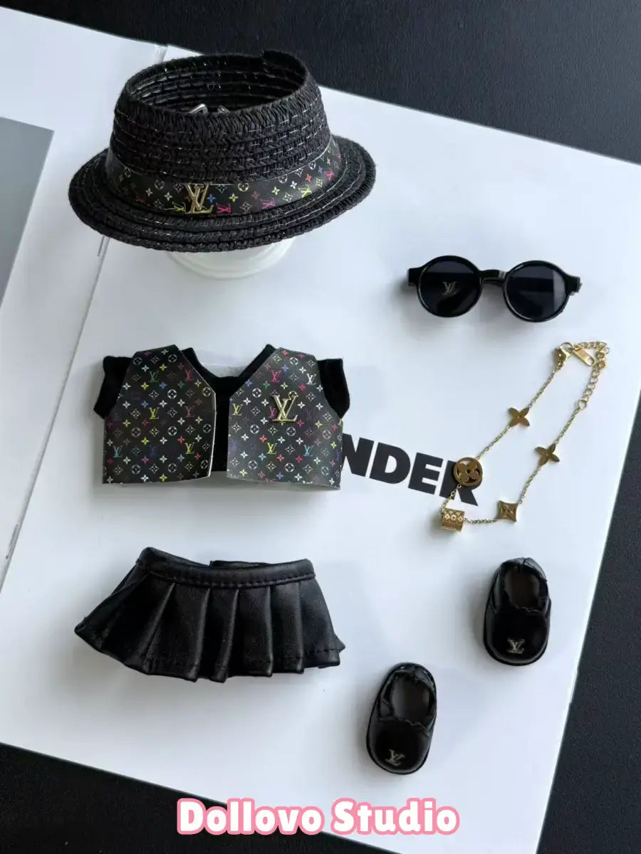LV All-Black Leather Outfit with Straw Hat