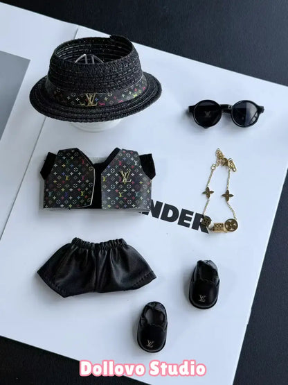LV All-Black Leather Outfit with Straw Hat